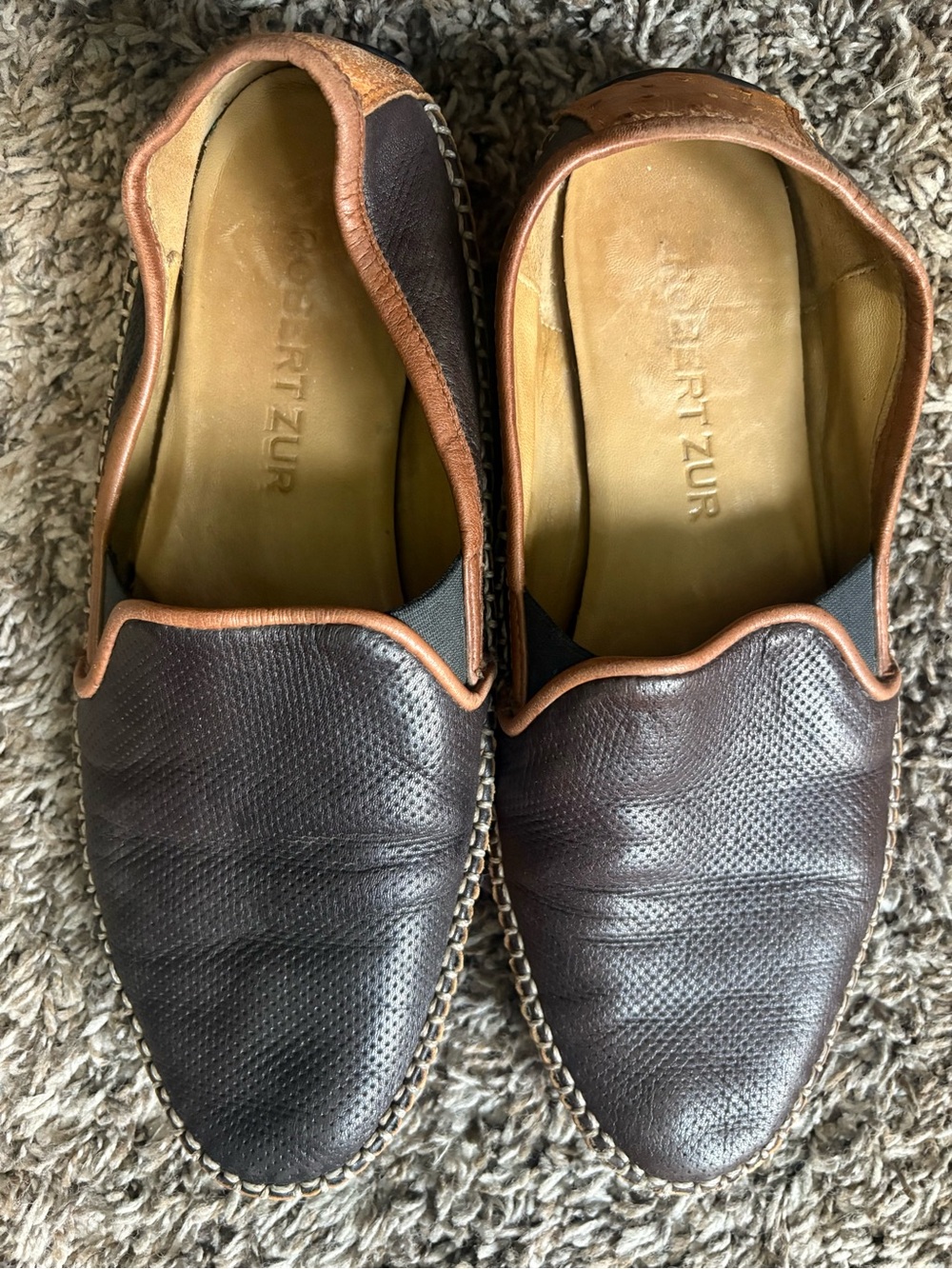 Robert Zur Dark Brown Perforated Leather Slip-On Loafers with Tan Trim